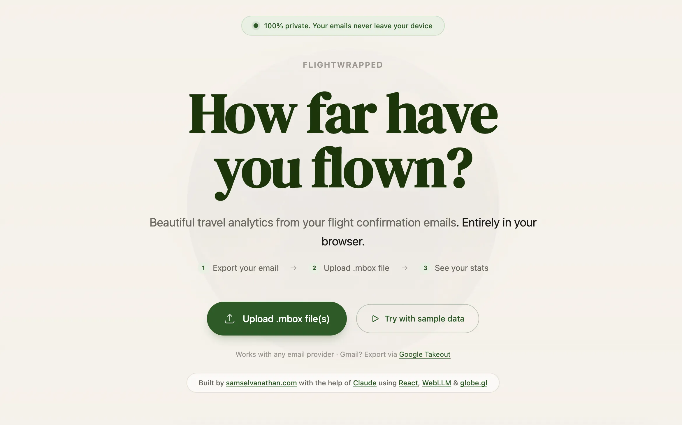 FlightWrapped landing page — upload your Gmail export and see your flight stats, entirely in your browser